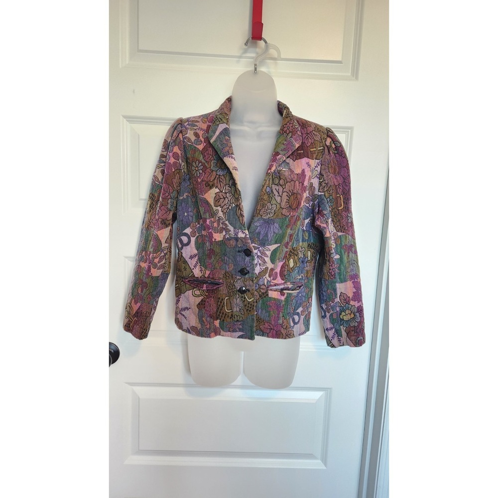 VTG Jack Winter Tapestry Blazer Jacket Floral Multicolor Boho Artsy Women's Lg - Picture 2 of 8